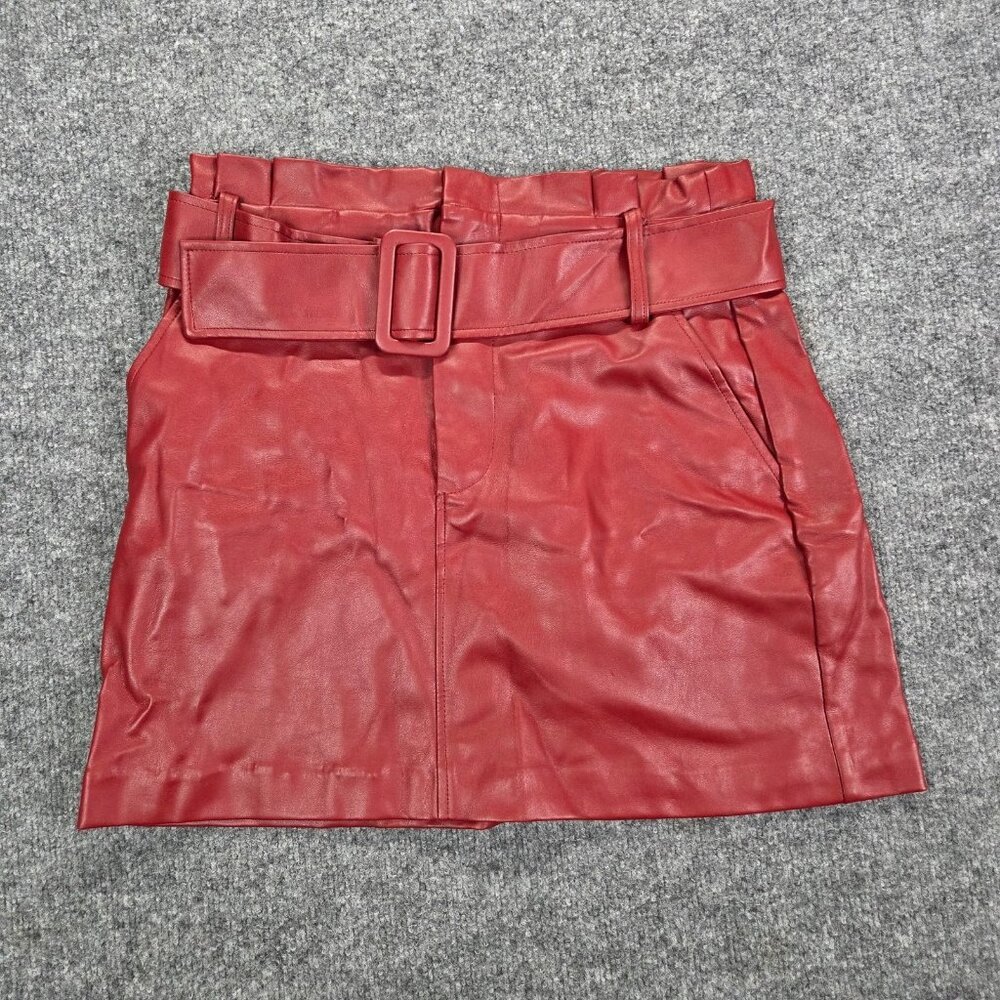 Zara Womens Skirt Medium Red Faux Leather Stretch Belted Sexy Classic‎ Mini